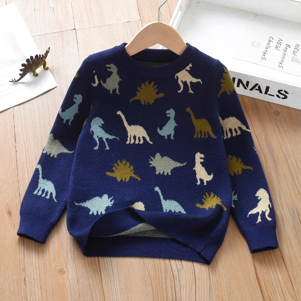 Boys' Navy Blue Dinosaur Printed Knitted Sweater 2-6Y Cute Pattern Pullover Toddler Autumn/Winter Top
