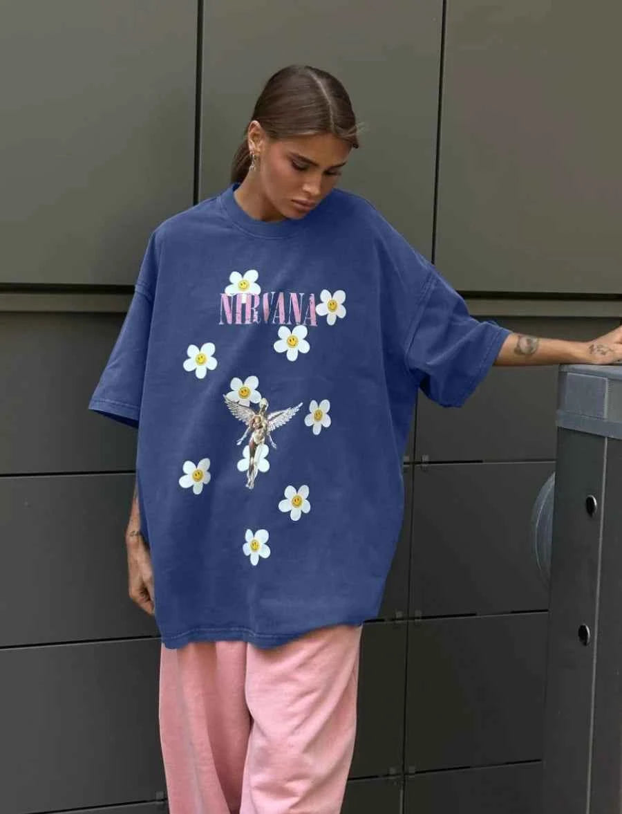 Sumuyoo Women's Retro Printed T-shirt Cotton Men Vintage Short-sleeve Wax Printing T Shirts Fashion Hip Hop Loose Fflower Tees