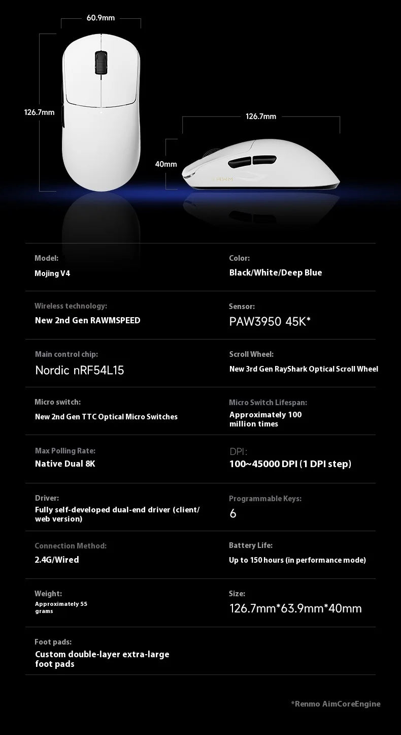 Rawm Leviathan V4 Gaming Mouse Native Dual 8k Lightweight Mouse Laptop Desktop Computer Esports Ergonomic Mice For Fps Pc Gamer