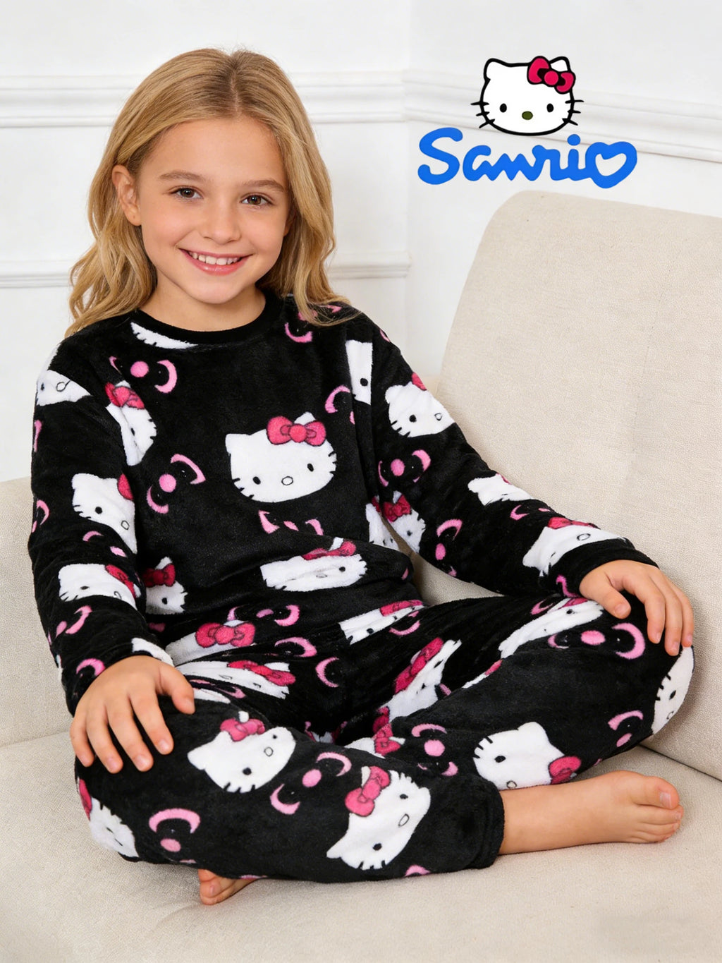 Sanrio girls' sleepwear and pants set for autumn and winter, Hello Kitty long sleeved pants with thick suede for home wear.