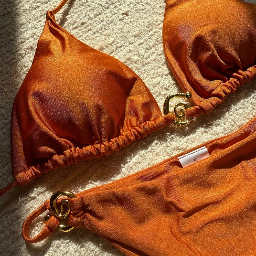 Solid Orange Swimwear Metal Ring String Halter Triangle Micro Bikini Thong Sexy Swimsuit Women 2026 Bathing Suit Bikinis Sets