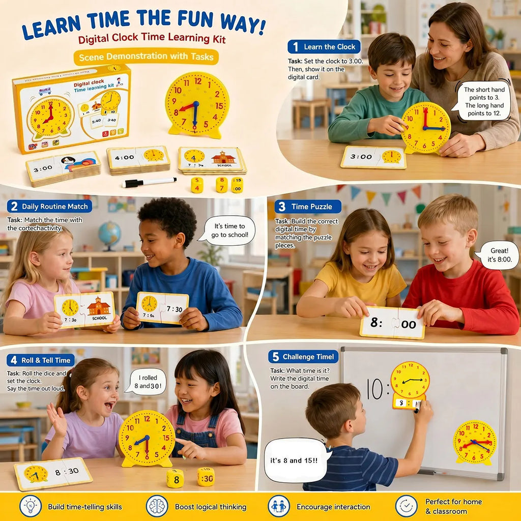 Kids Learning Clock Time Activity Set Teaching Clock for Students Classroom Telling Time Practice Toy Kids Educational Supplies