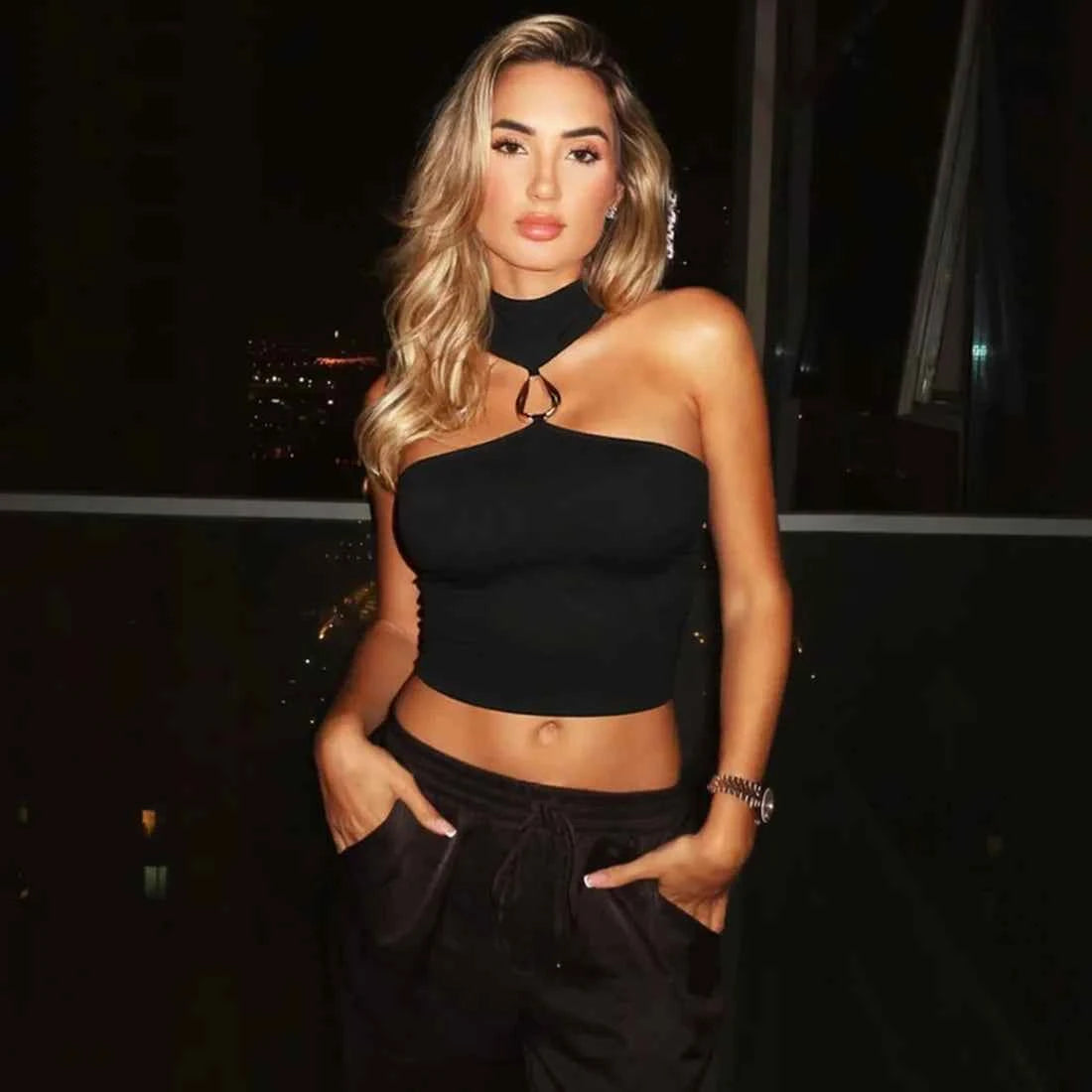 Metal Buckle Decoration Tank Tops Women Turtleneck Off Shoulder Skinny Stretch Street Fashion Wild Style Solid Outfits