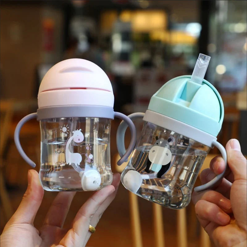 250ml Double Handle Baby Drinking Cup Feeding Bottle With Straw Gravity Ball Wide Caliber Drinking Milk Water Bottle With Handle