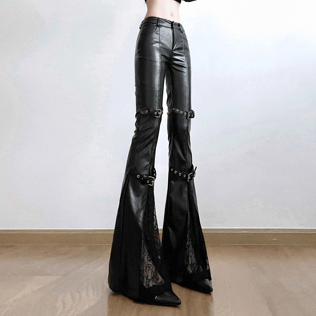 SUCHCUTE PU Leather Flare Pant Goth Buckle Lace Patchwork Pants Women Fashion Y2K Streetwear Vintage Aesthetics Casual Trouesrs