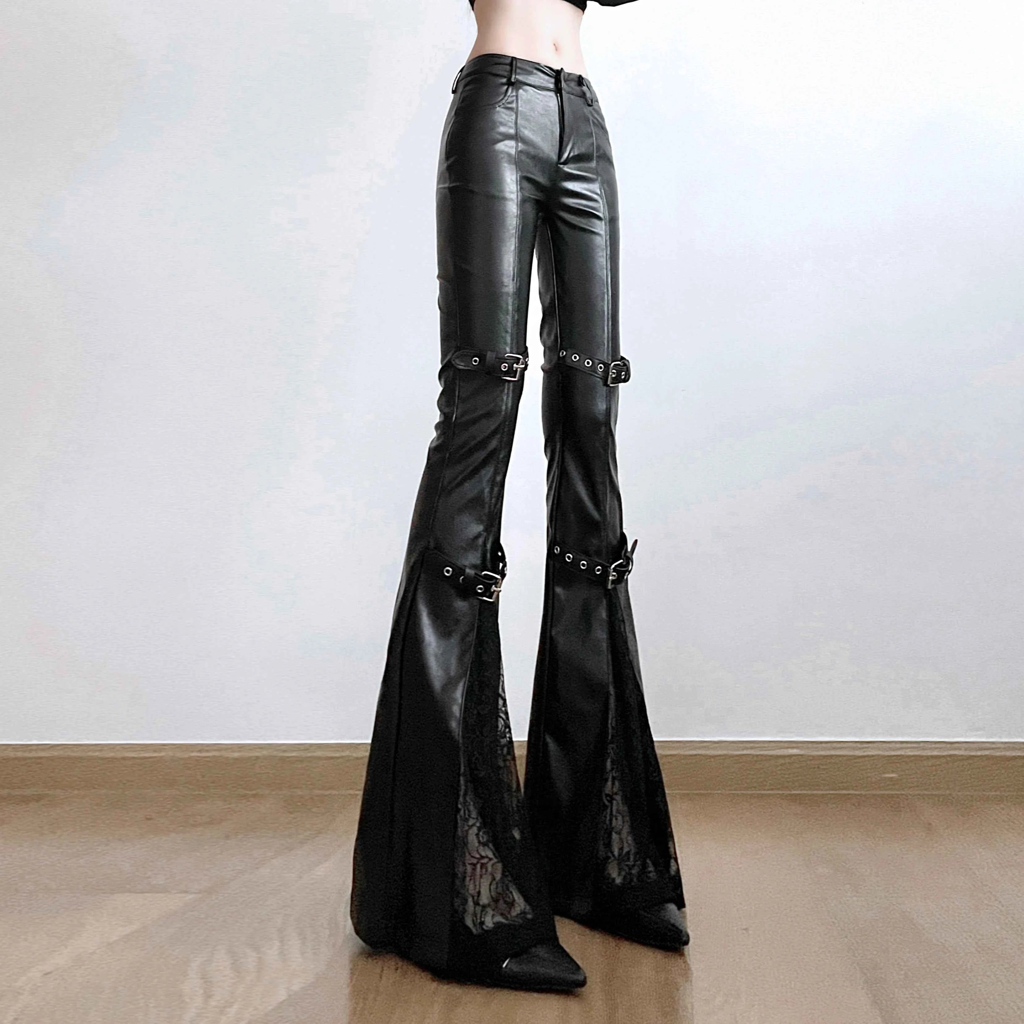 SUCHCUTE PU Leather Flare Pant Goth Buckle Lace Patchwork Pants Women Fashion Y2K Streetwear Vintage Aesthetics Casual Trouesrs
