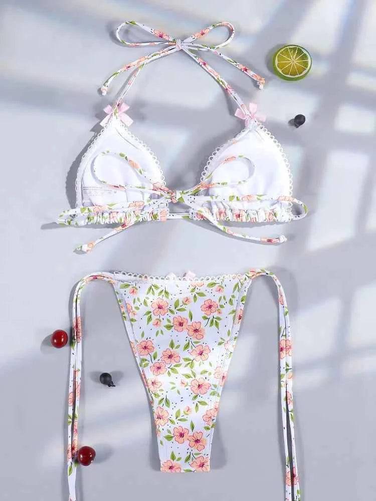 Triangle Bikinis Bow Swimsuit Women Sexy Swimwear Bandage Bikini Set Summer Biquini Female Beachwear Low Waist Thong Swimsuits