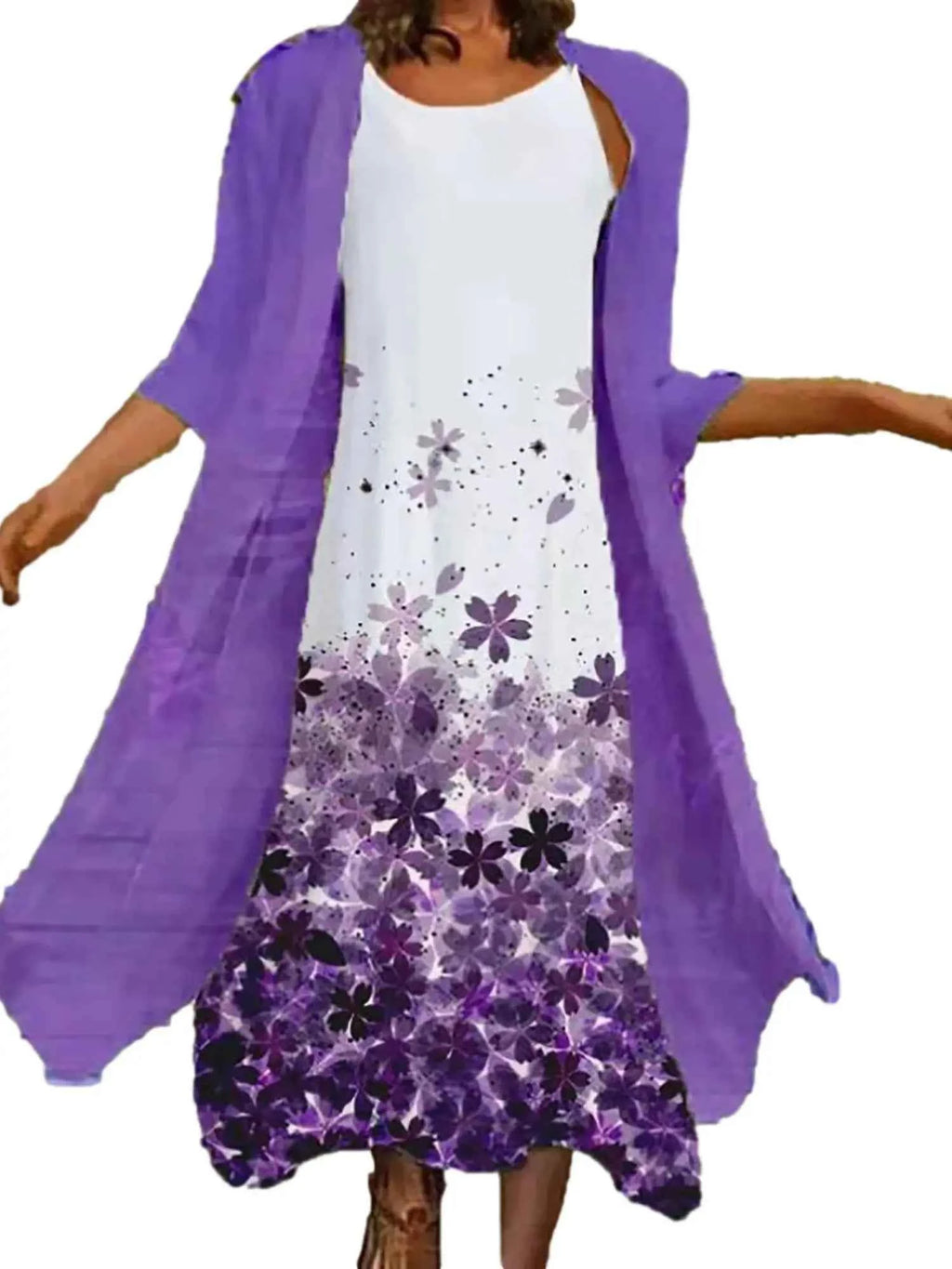 2024 Europe and the United States spring and summer new women's two-piece set of printed round neck long skirt chiffon pocket ou