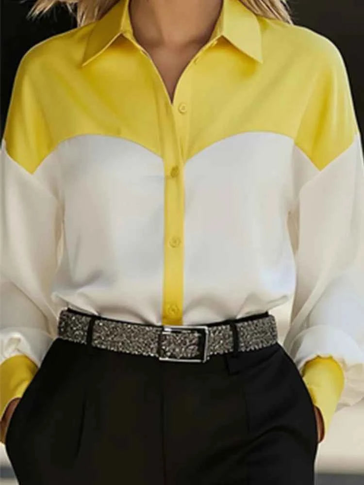 Women Shirt Blouse Long Sleeve Turn Down Collar Button Color Block Patchwork Casual Female Office Tops Trendy Work Shirt