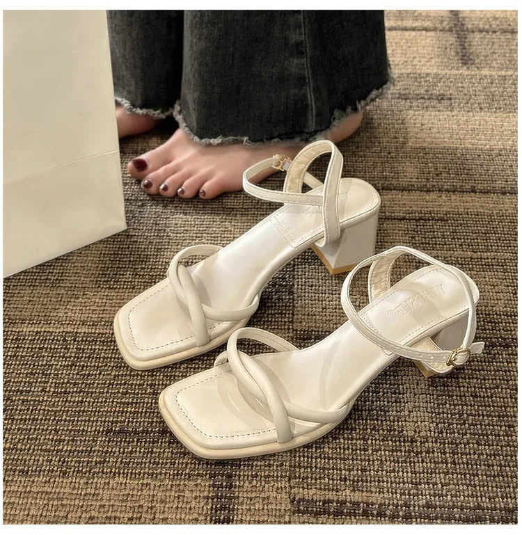Sandals, 2025 Summer New Fashion Gentle Retro Chunky Non-slip Sandals, A Line with 5cm High Heels Summer Beach Sandals