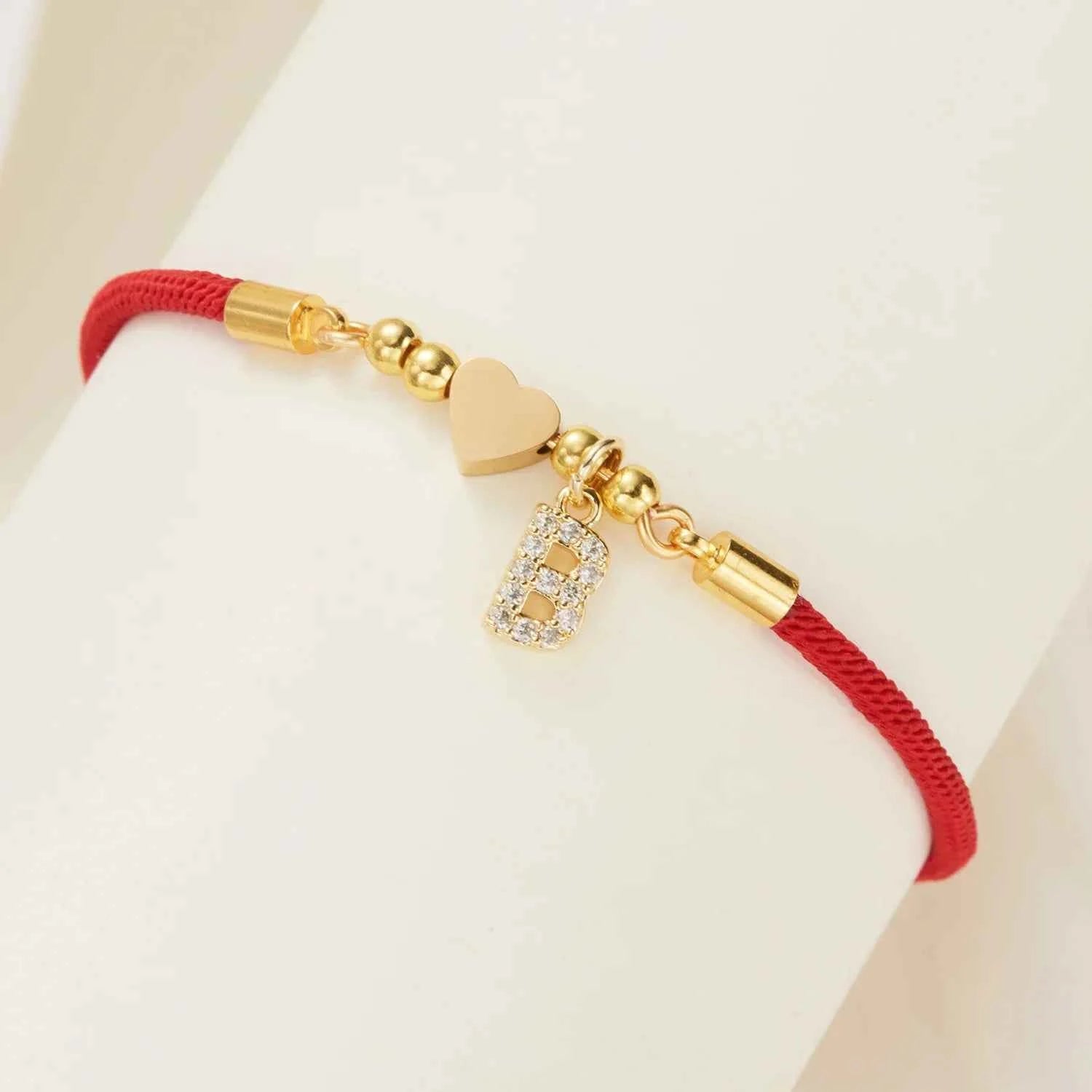 New Gold Stainless Steel Heart Initial Letter Bracelet - Red Rope Charm Jewelry for Men & Women, Lucky Gift