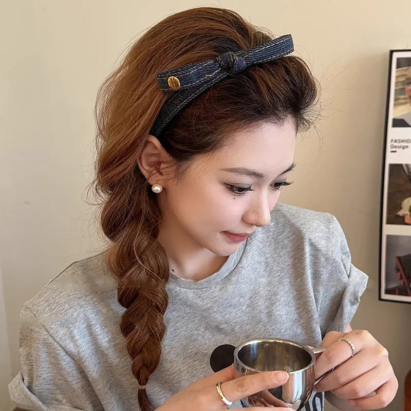 Elegant Denim Blue Bow Hairband with Tooth Retro Headband for Women Girls Hair Bands Hair Accessories