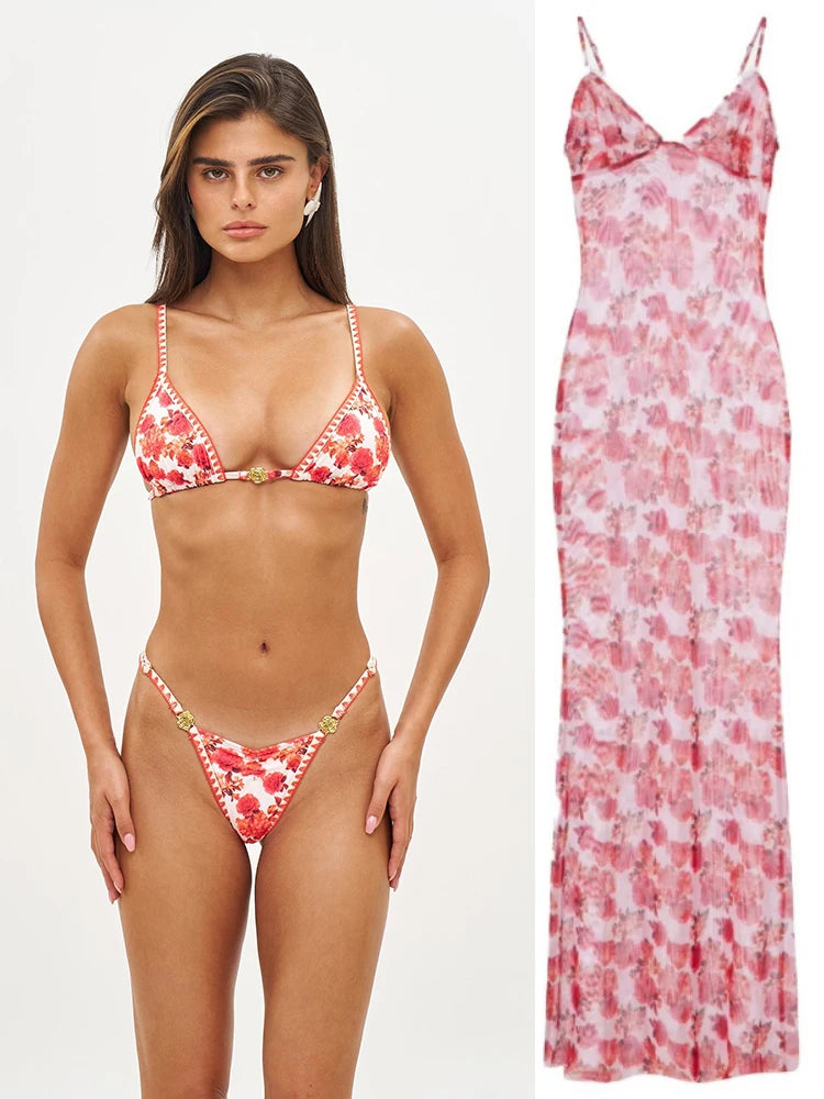 Long Dress Bikini Cover Up Print Mesh Swimwear Sexy Floral Bikinis Covers Thongs Swimsuit Biquini Beachwear