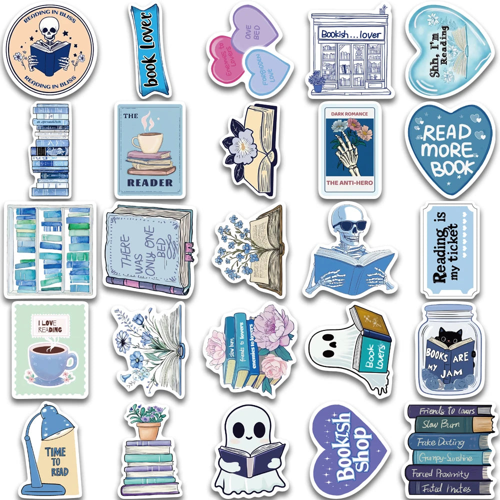 50pcs blue bookish series cartoon graffiti stickers, decorate computers, skateboards, helmets, waterproof stickers