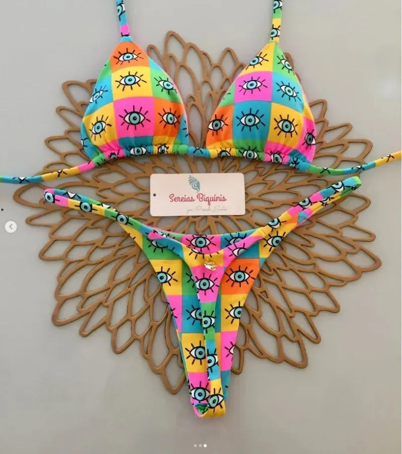 Print Sexy Bikini Sets Halter Lace-up Tops Thongs Beach Style Bathing Suit Y2k Swimsuits Women Beachwear Купальник Женский