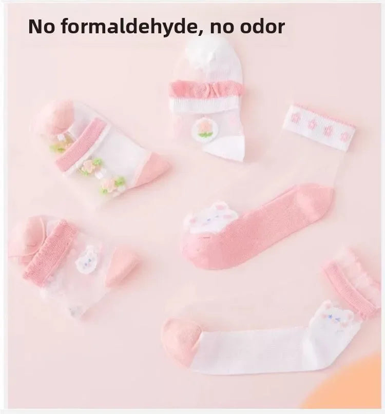 5 Pairs/Baby Girl Summer Socks Thin Ice Silk Mesh Crystal Breathable Cotton Short Mid Calf Boat Socks for Kids