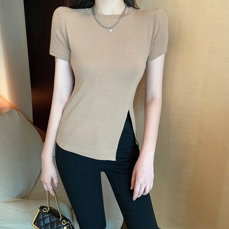 Korean Solid Slit Design Short Sleeve Tee Summer Y2K Streetwear Sexy Top New American Fashion All-match Top for Women