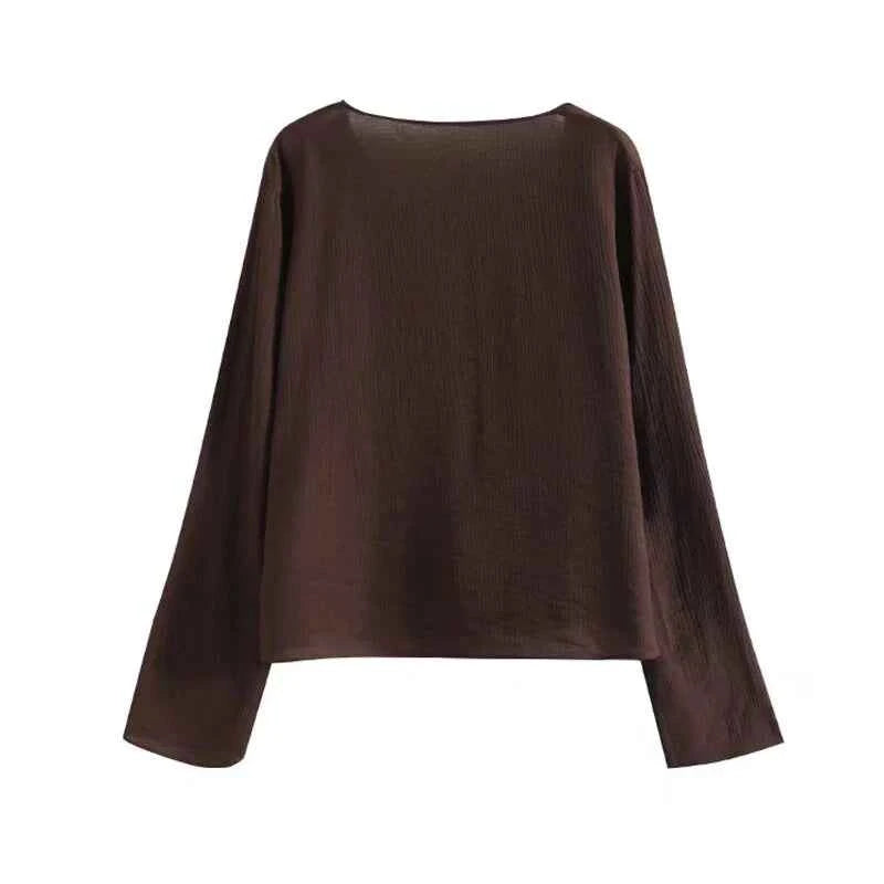 YENKYE Spring 2025 Women Brown Long Sleeve V Neck Ruffle Shirt Office Casual Blouse Blusas Mujer