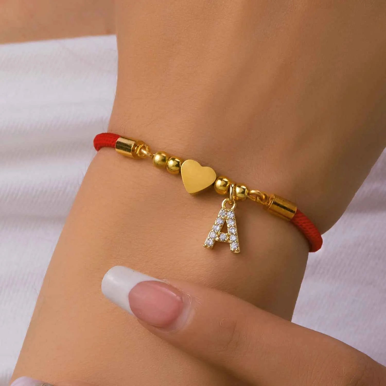New Gold Stainless Steel Heart Initial Letter Bracelet - Red Rope Charm Jewelry for Men & Women, Lucky Gift