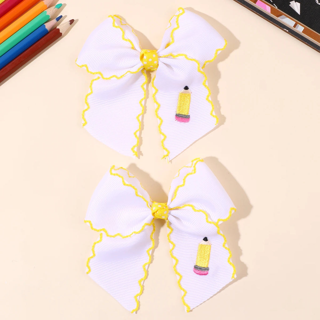 Back to School Kids Hair Bows Grosgrain Ribbon Embroidered Pencil Moonstitch Edge Hair Clips for Girls Children Hair Accesso