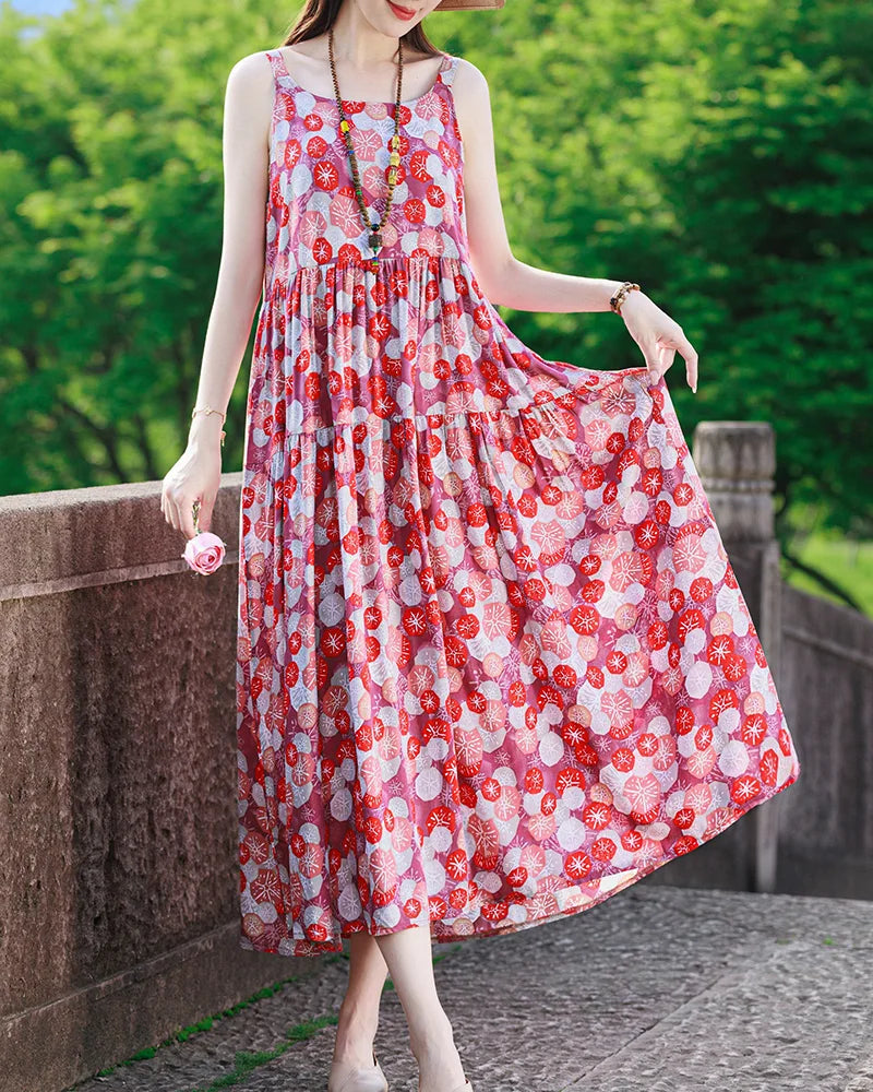 New Fashion Casual 2025 Summer Elegant Dresses For Women O-Neck Print Vintage Sleeveless Dress Loose Women Clothing