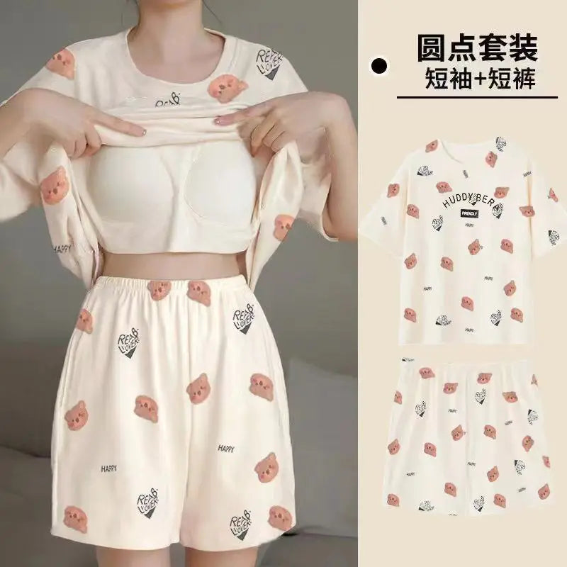 Summer Women's Pajamas Set Sleepwear 2 PCS - Short Tank Tops and Shorts with Chest Pad Womens Printing Pyjama Home Leisure Suit
