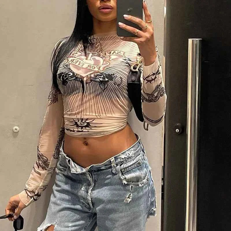 Y2k Aesthetic Punk Clothes Graphic Tees Women Gothic Fashion Full Sleeve Woman Tshirts See Through Streetwear Egirl Tops T Shirt