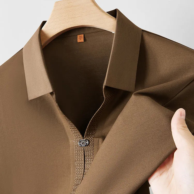 Men's 62% Cotton Polo Shirt | Breathable V-Neck with Rhinestone Accents | Moisture-Wicking Black/Brown Casual Tops XL-7XL