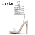 Liyke Fashion Glitter Rhinestones Women Sandals Crystal Ankle Strap High Heels Party Prom Shoes Lady Wedding Stiletto Sandalias