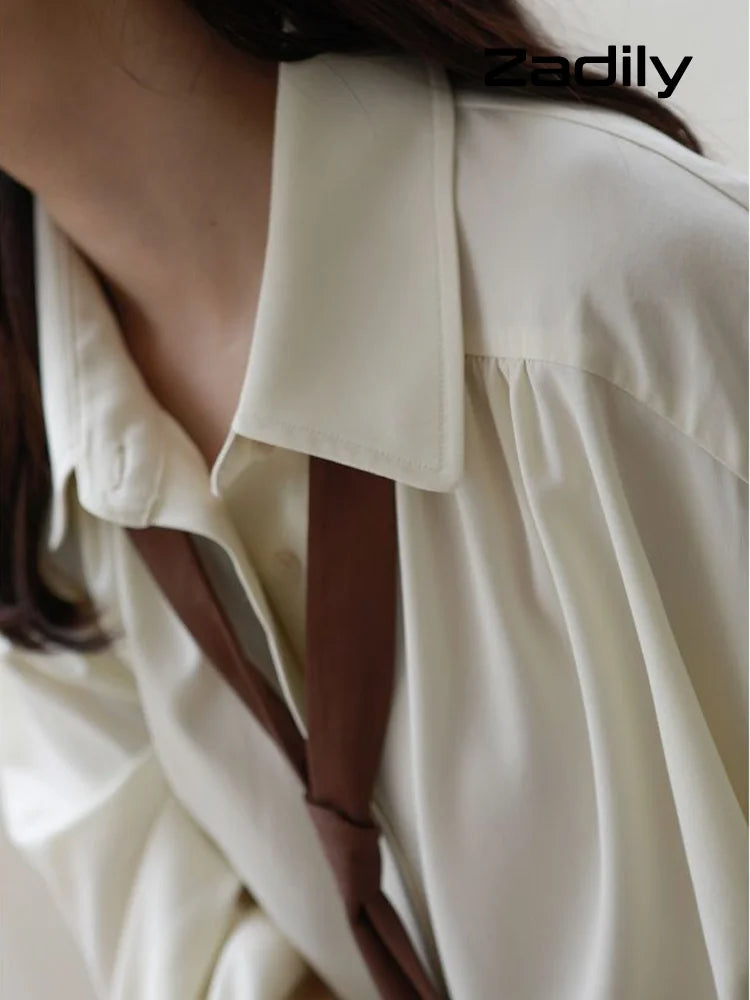 2026 Summer Women's Oversized Long Sleeve Blouse 2026 Summer New Arrival Tie Neck Shirt Loose Fit Office Elegant Fashion
