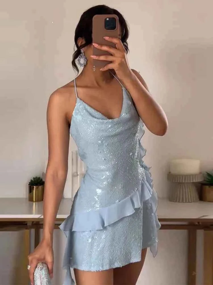 Glitter Flounce Mini Dress Woman Cinched Waist Sleeveless A-Line Halter Dresses Sexy Chic Women's Fashion Summer Short Dresses
