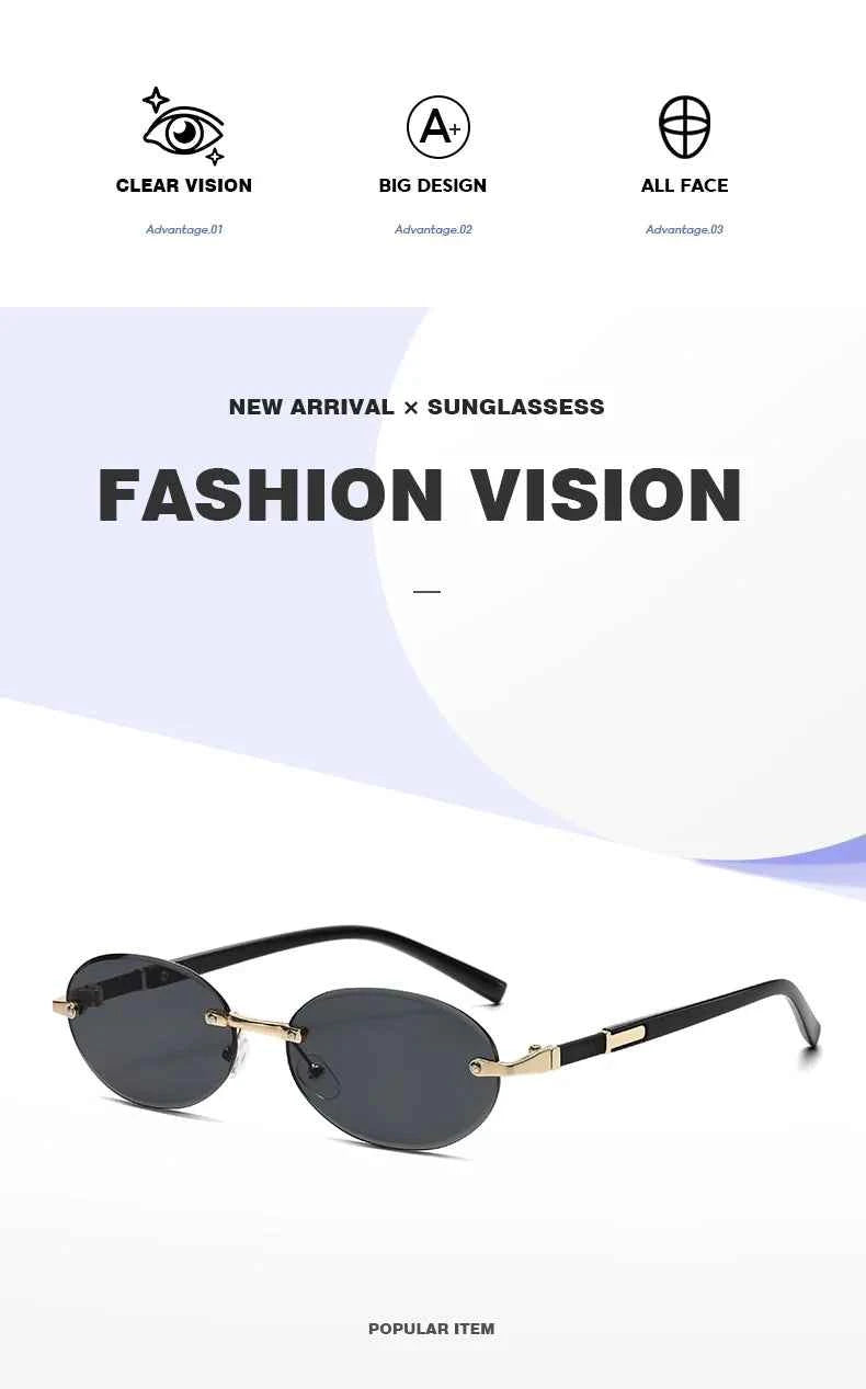 Popular Women Men Shades Oval Sun Glasses for Female Male Summer Traveling UV400 Rimless Sunglasses Round Fashion Gafas De Sol