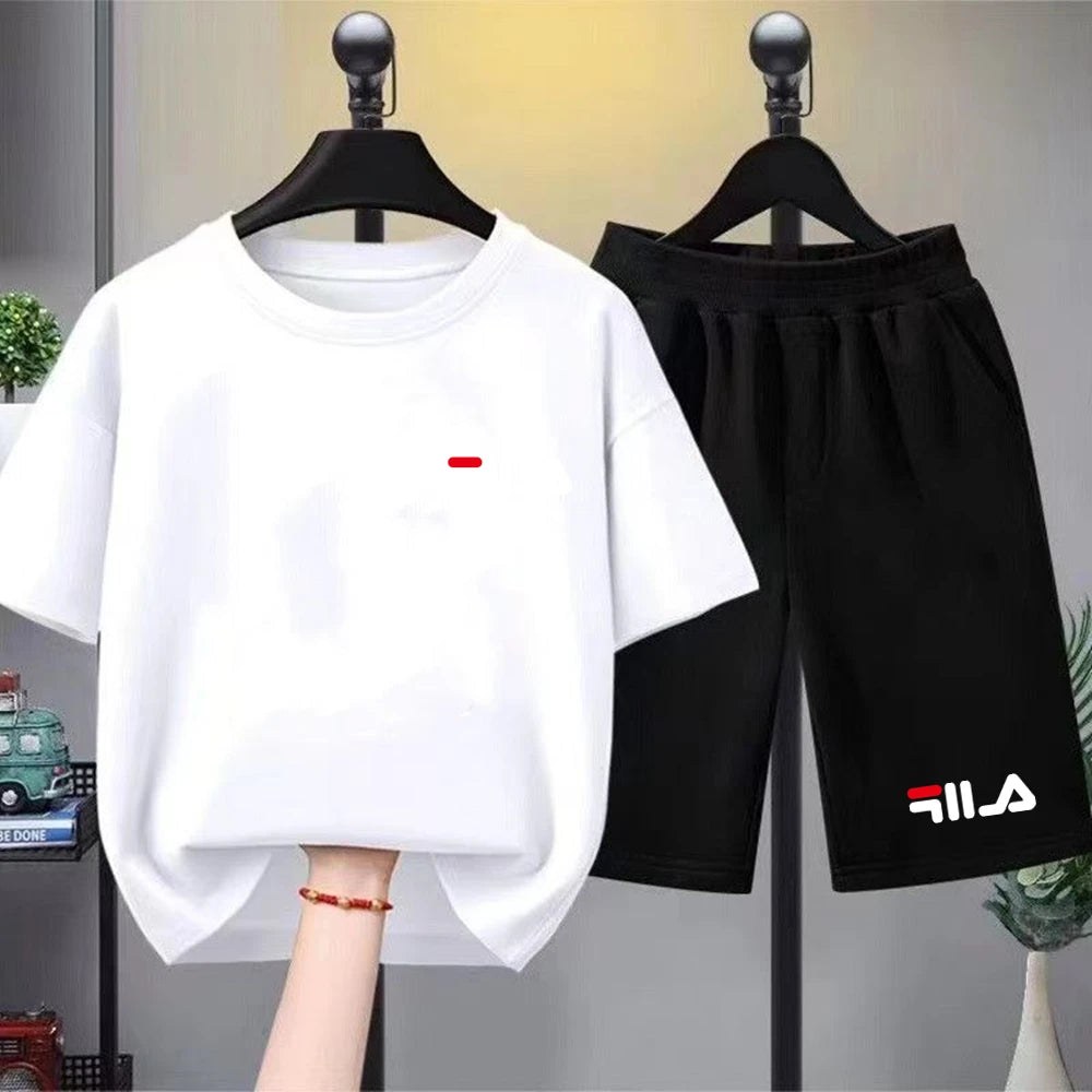 Summer Brand White T-shirt+Shorts Two-Piece Set Kids New Clothing Fashion Boy Girl 3-12 Yrs Sports Short-Sleeved Casual Set