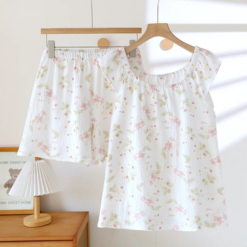 2025 Women's New Summer Pajama Set 100% Cotton Crepe Vest+Shorts Two Piece Loose Home Clothing Set Sleepwear Ladies