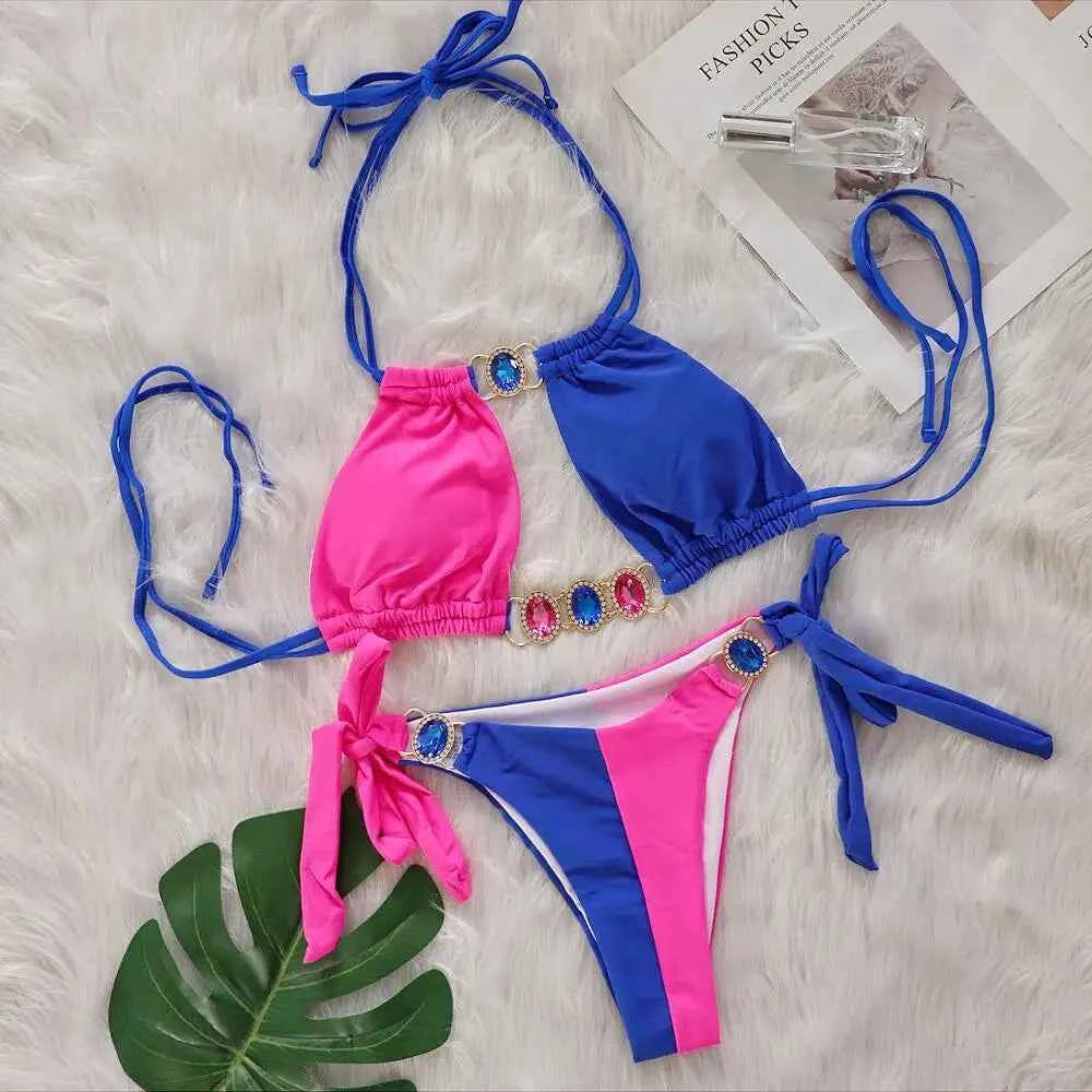 2026 Splicing Halter Diamond Bikini Women Swimsuit Female Swimwear Two Pieces Bikini Set Hollow Out Bathing Suit Swim Beach Wear