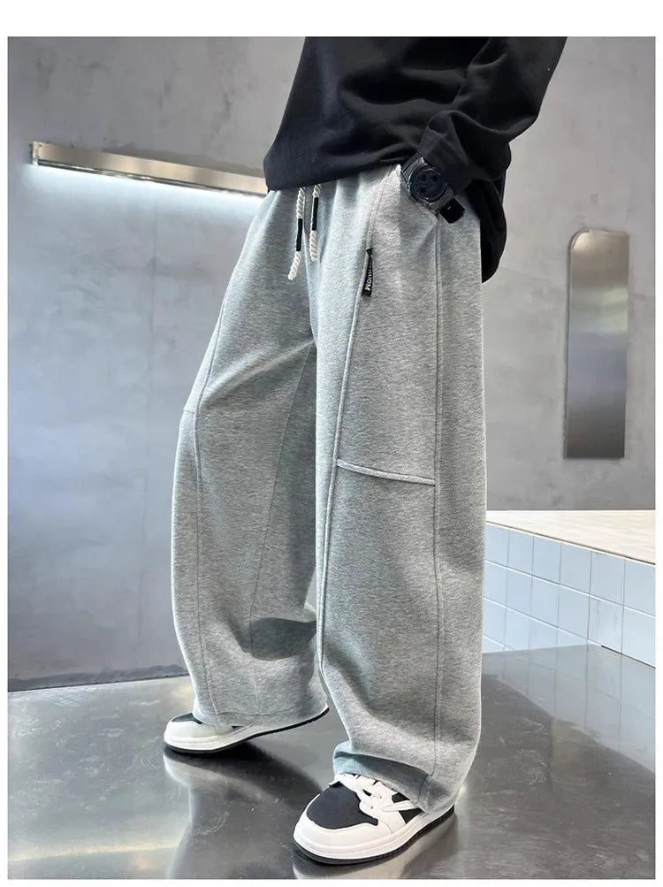 2026 New Spring Casual Kids Pants Black Elastic Waist Straight Leg Sweatpants for Boys Loose Pocket Children Trousers