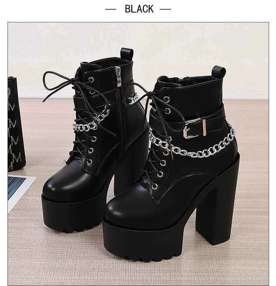 Gdgydh Gothic Buckle Strap Ankle Boots Women Faux Leather Platform Block Chunky Heels Chain Ultra High Heels Motorcycle Boots