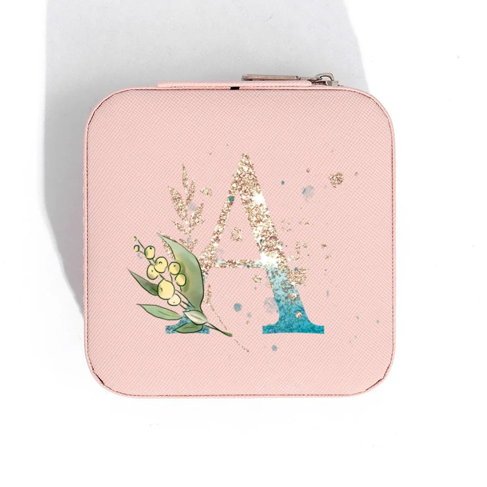 A-Z Alphabet Print Pink Travel Jewelry Organizer with Zipper Closure and Fabric Lining
