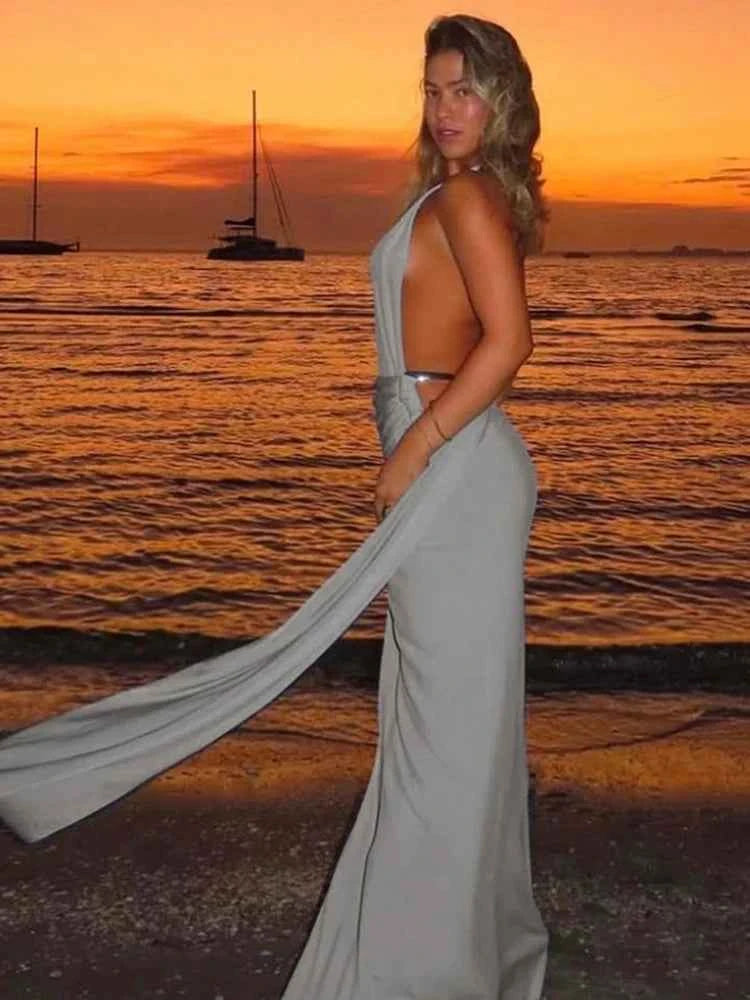 Kliou High Street Women Dresses Concise Incline Shoulder Ribbons Backless Sheath Maxi Vestidos Female Elegant Holiday Trend Robe