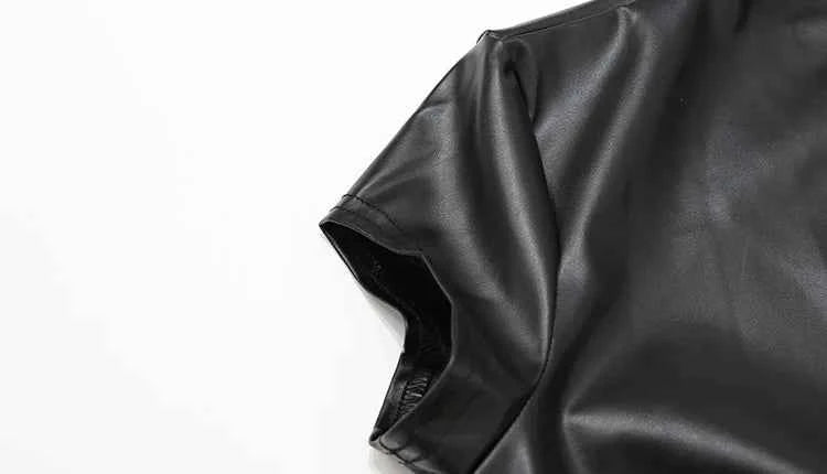 CNYISHE PU Leather Button Solid Short Sleeve Women Tops Sheath Fashion High Collar Blouse Fitness Female Sexy Club Tees Chic