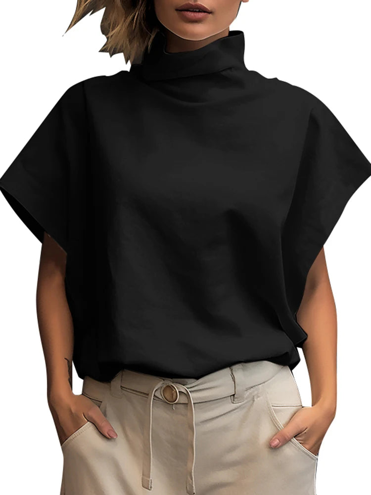 Women Fashion OL Work Shirt 2024 ZANZEA Summer Elegant Turtleneck Short Sleeve Blouse Casual Loose Office Tops Party Blusas