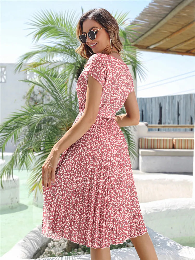 Msfilia Summer Print Pleated A Line Long Dress Women Short Sleeve High Waist Spring Round Neck Chic Dress with Belt