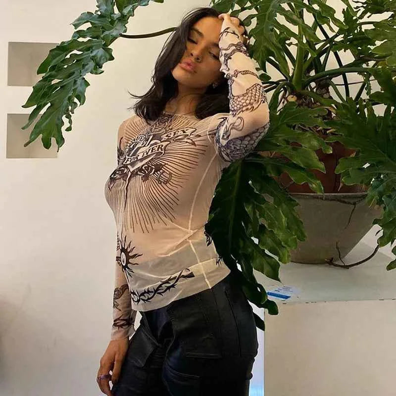Y2k Aesthetic Punk Clothes Graphic Tees Women Gothic Fashion Full Sleeve Woman Tshirts See Through Streetwear Egirl Tops T Shirt