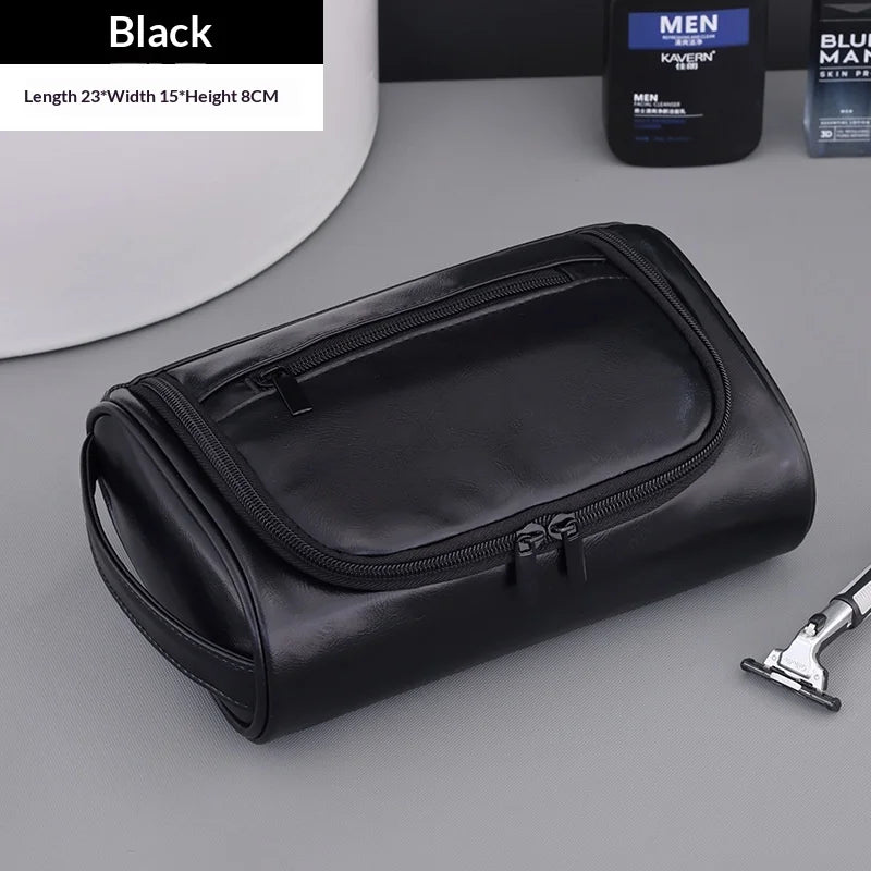 Large Capacity Men Leather Wash Bag Travel Business Trips Portable Cosmetic Bag Multi Pocket Design Handheld Leather Wash Bag LI