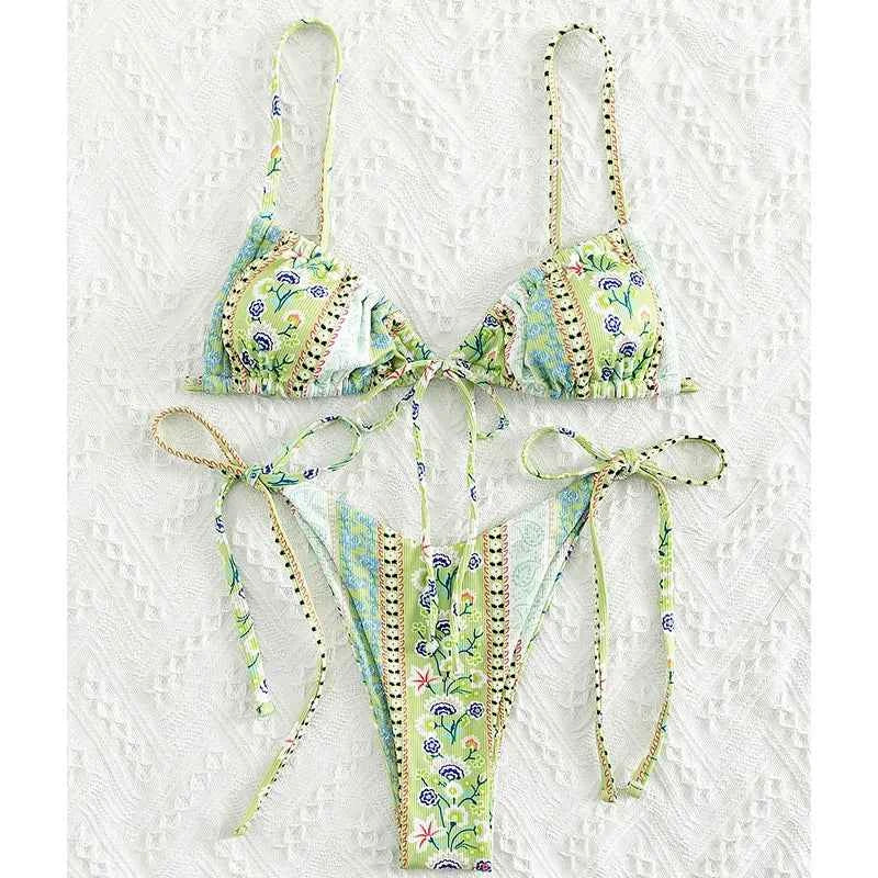 BIQIUYYI New Floral Print String Bandage Bikinis Triangle Cup Push Up Swimsuit Women Bathing Suit Beachwear Halter Swimwear XS