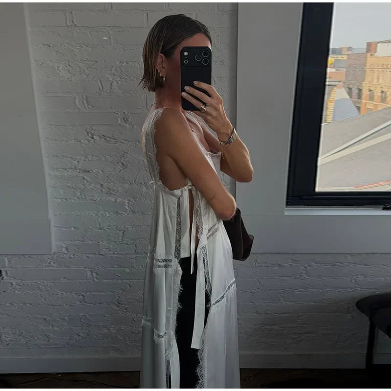 Sexy Solid Lace Patchwork Women's Dress Sleeveless Sling High Split Hollow Out Lady Dresses 2026 Summer Vacation Female Robe