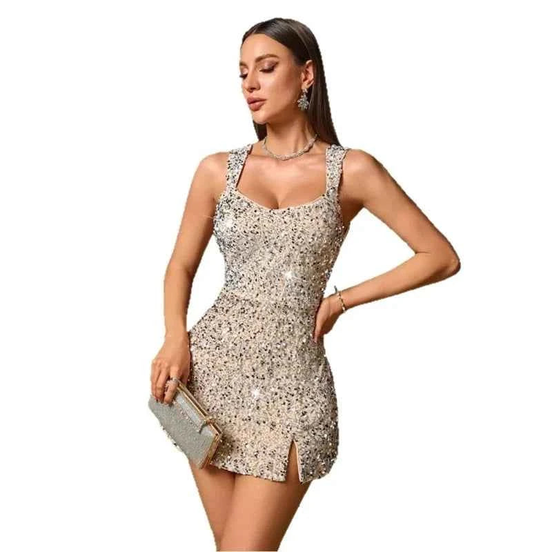 Women Low Slit Dresses Summer Shiny Sequins Evening Dress Sexy Elegant Party Dresses Cocktail Short Birthday Prom Dresses XSY225