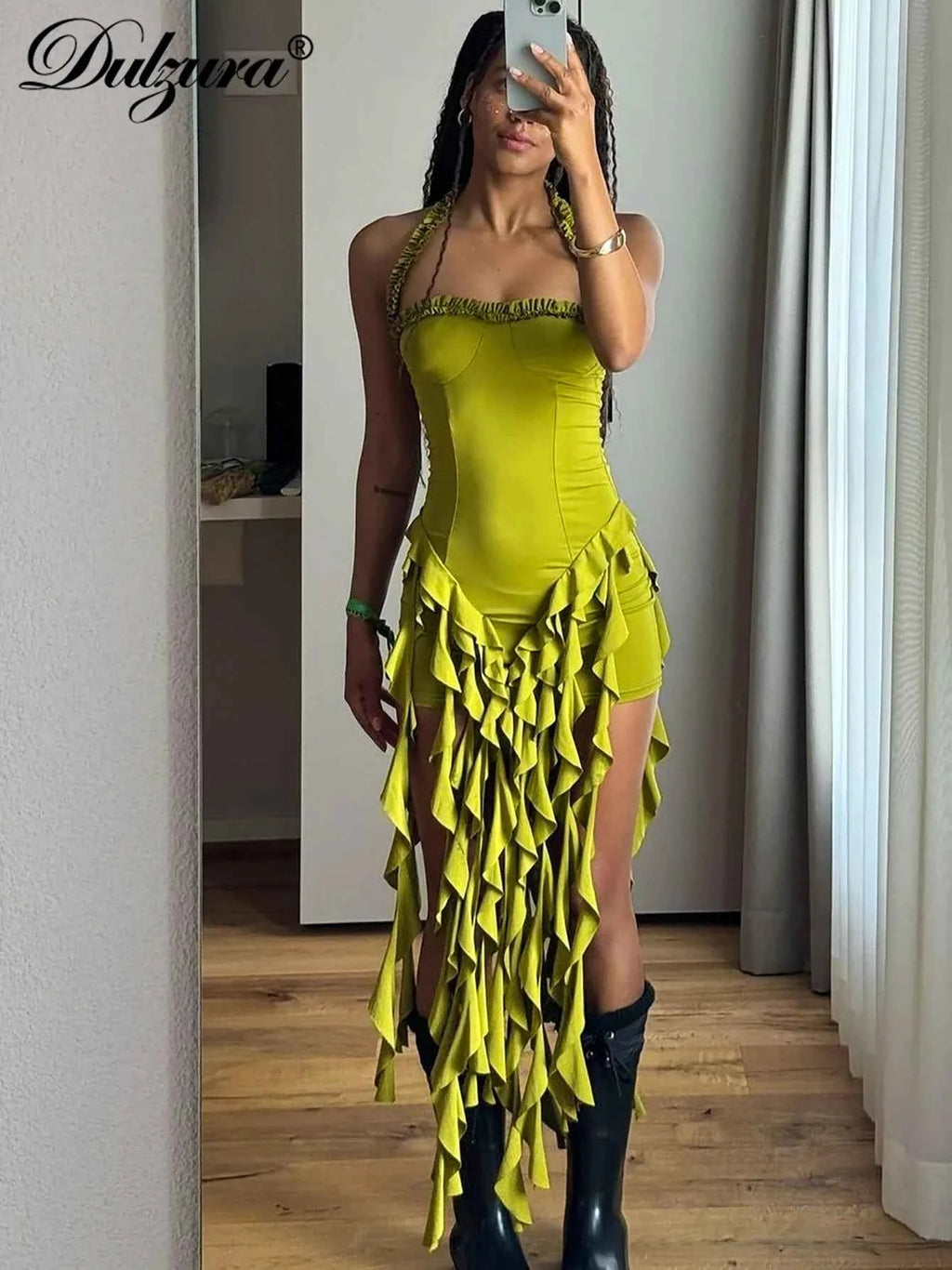 Dulzura Sleeveless Halter Ruffles Patchwork Mini Dress Women’S Solid Sexy Outfit Prom Party Clubwear Autumn Winter Clothes