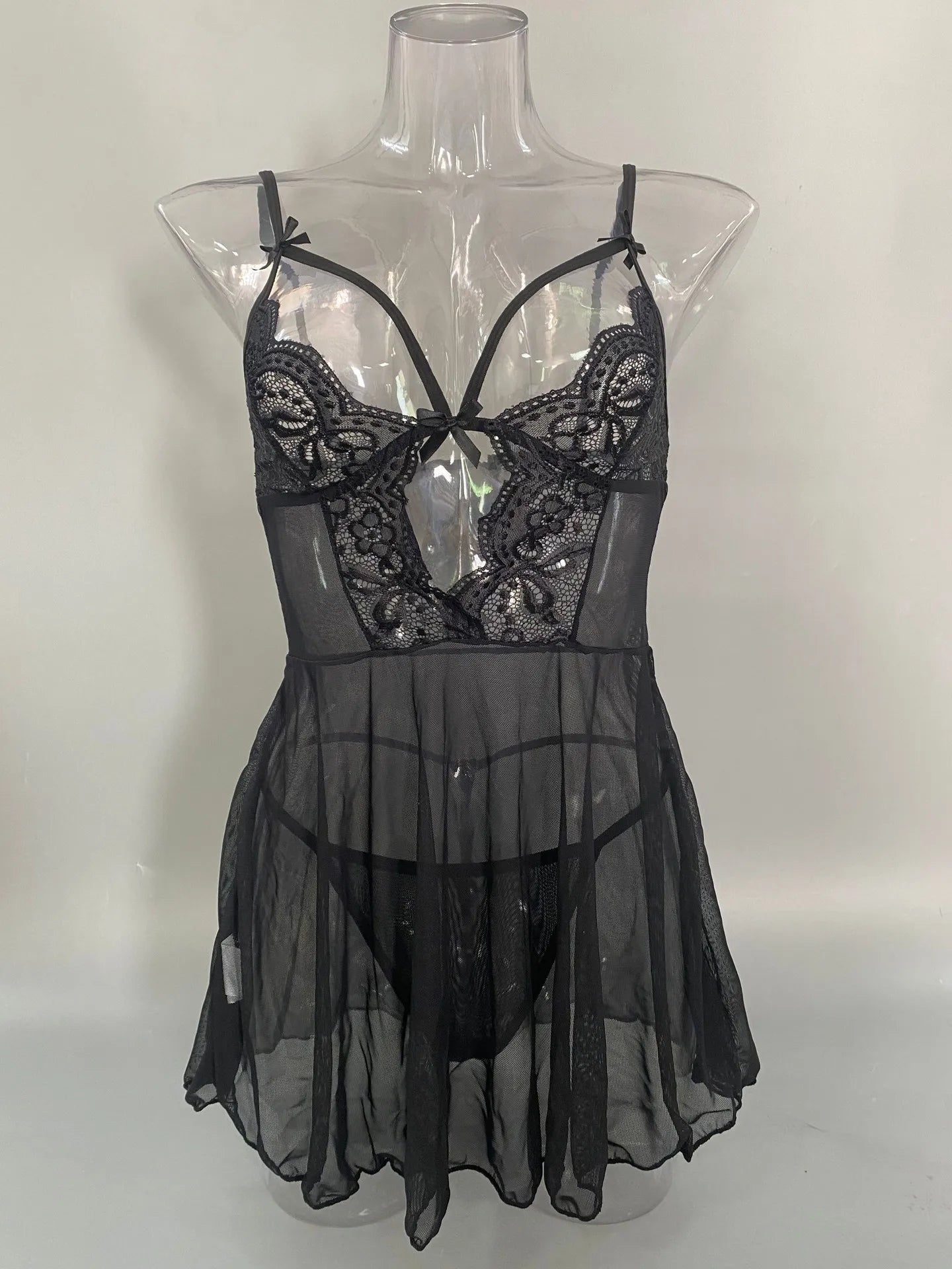 Women's Sexy Lace Nightdress Women's Bow Lingerie Pajamas Set Babydoll Costumes Erotic Hot Dresses Exotic Pajamas +Free Thong
