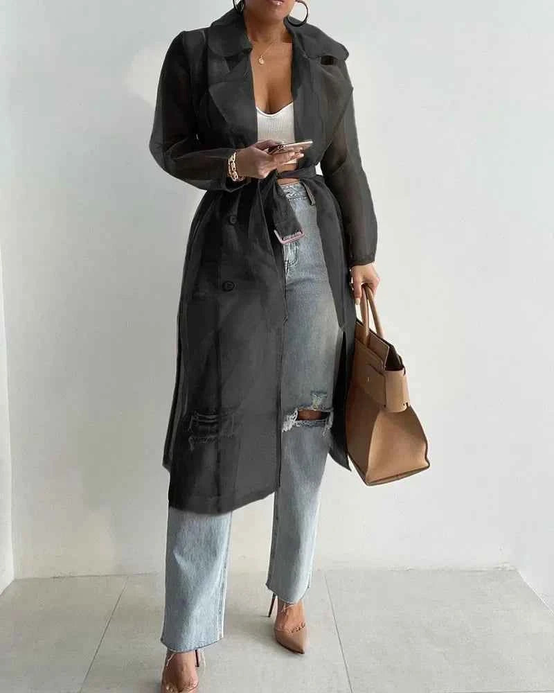 Joskaa Solid Organza See Through Lapel Full Sleeve Trench 2023 Summer Women Fashion Buttoned Coat with Belt Elegant Shirts